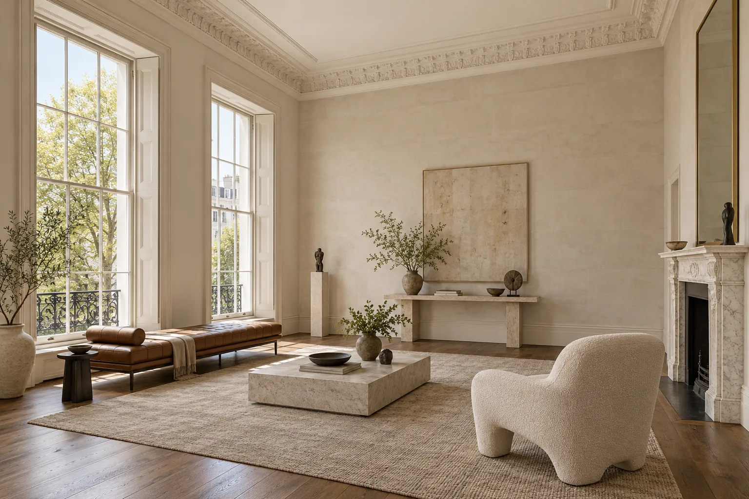 Concept image: high-ceilinged room with pale walls, tall left-hand sash windows and a tobacco leather bench