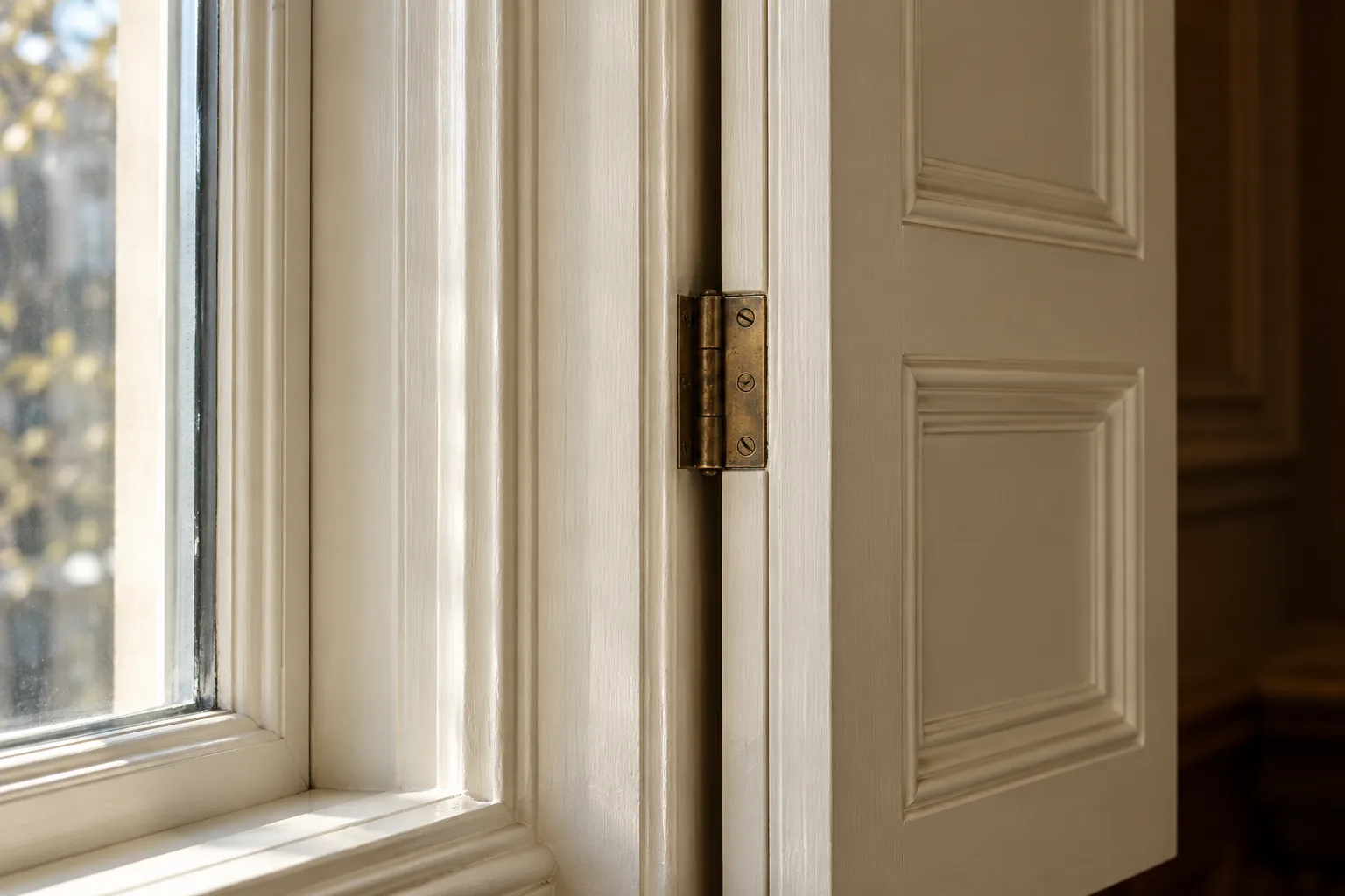 Concept image: close view of an ivory painted shutter, moulded reveal and aged brass hinge