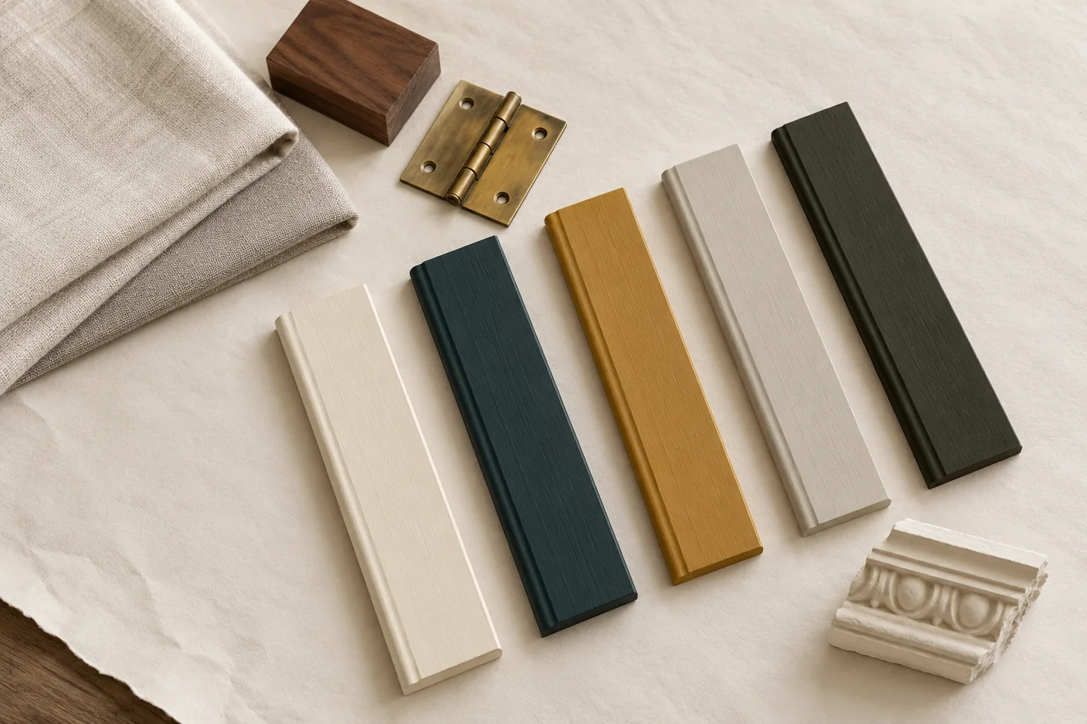 Concept image: paint study with ivory, petrol, ochre and olive timber samples, walnut, linen and brass