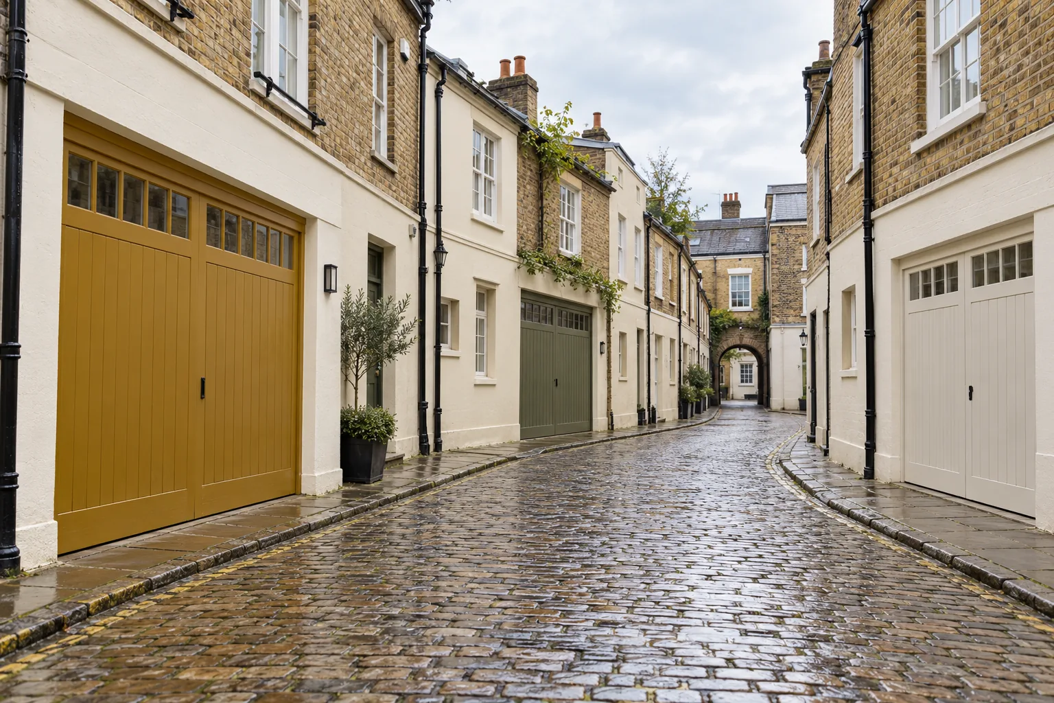 Concept image: cobbled mews lane with ochre, olive and cream painted garage doors